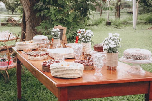 An inviting rustic dessert table set outdoors with various cakes and floral decorations.